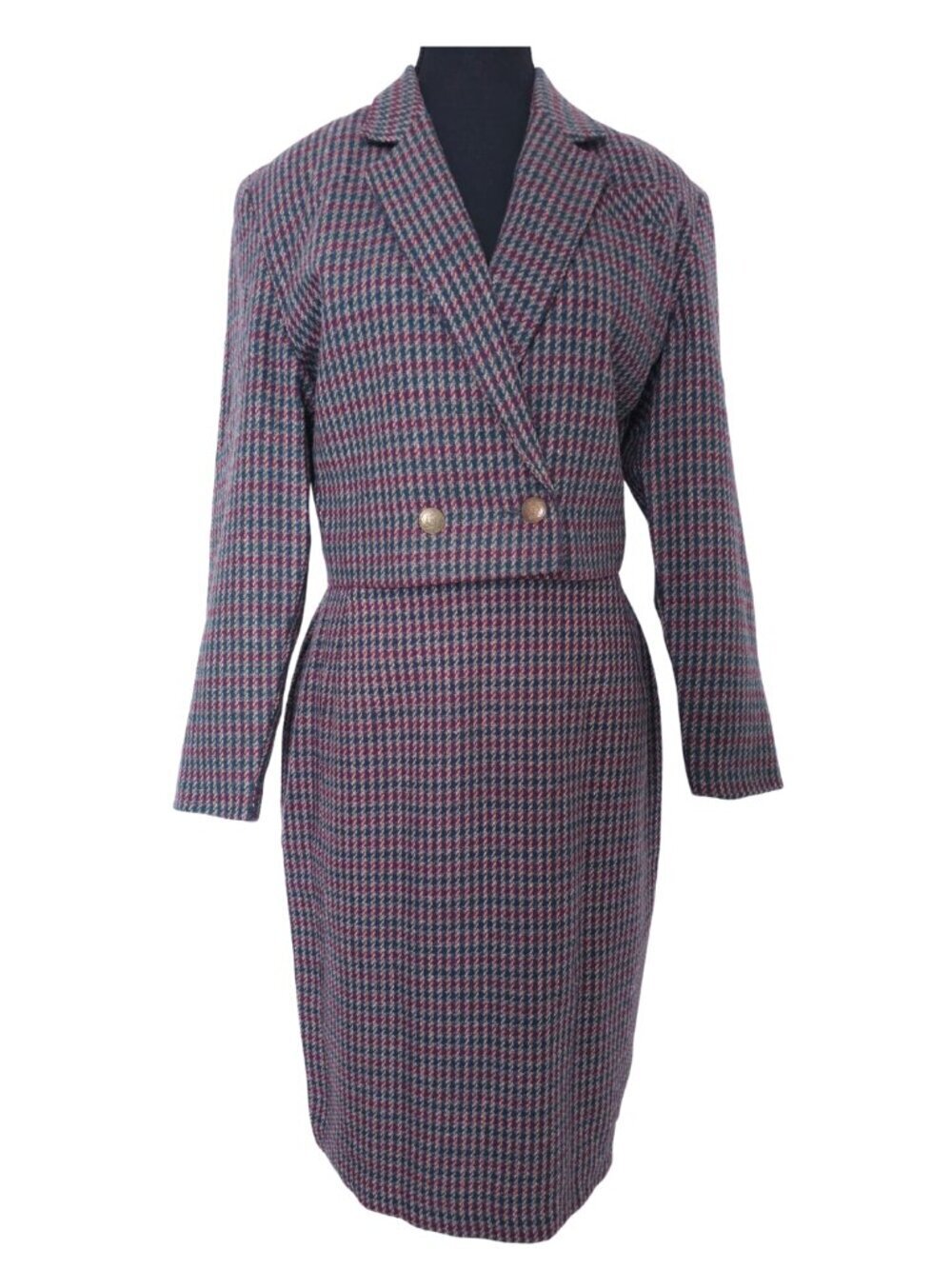 Vintage Wool Blend Skirt Suit Set Made in UK – Plaid Houndstooth Blazer & Skirt
